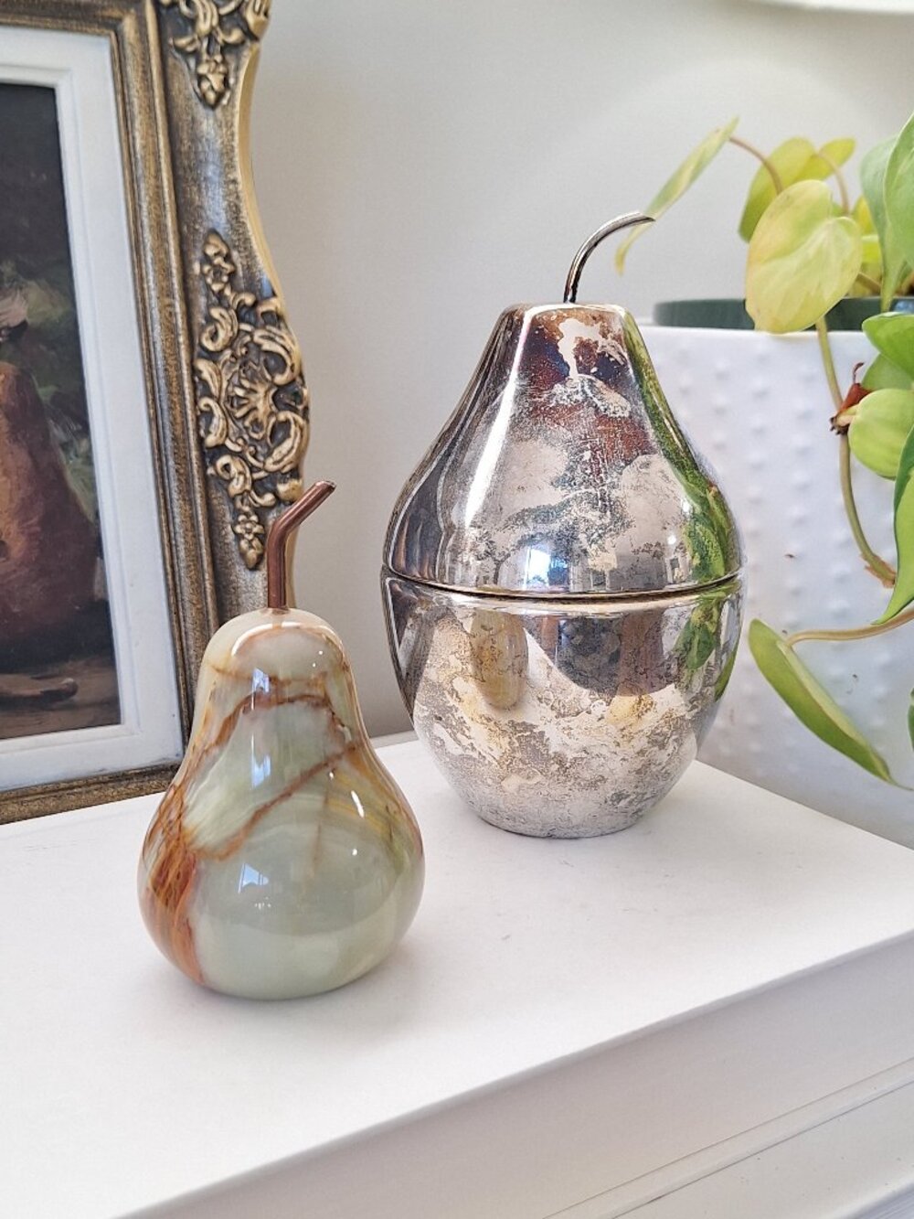 Vintage Onyx Marble Stone Pear & Silver Jewelry Trinket Box EP Brass statue